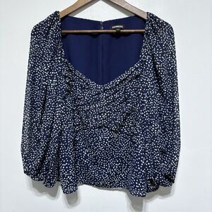 Express Blouse Womens M Blue Polka Dot Sweetheart Neck Balloon Sleeve Lined Top